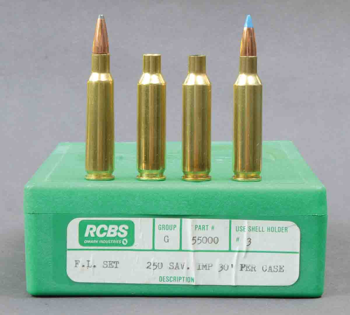 Cases have traditionally been formed by firing .250 Savage loads in a .250 Improved chamber, but simply running the 6.5 Creedmoor case through the .250 Improved full-length resizing die works well and eliminates the need for fireforming. Headspacing of cases formed from the Creedmoor was perfect for Layne’s rifle, but since the .250 Improved is a wildcat without standardized case dimensions, headspace with a simple neck-down may not be correct for other rifles. These cases include (left to right): a .250 Savage, .250 Savage after fireforming in an Improved chamber, 6.5 Creedmoor case necked down for .257-inch bullets and a loaded .250 Improved cartridge.